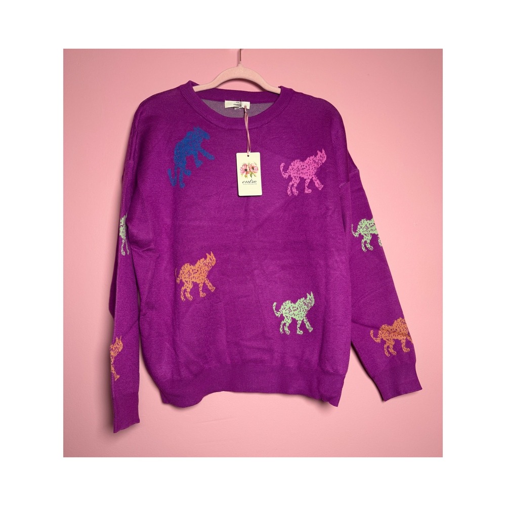 Entro Purple Leopard Intarsia Knit Whimsical Crewneck Sweater Womens Large